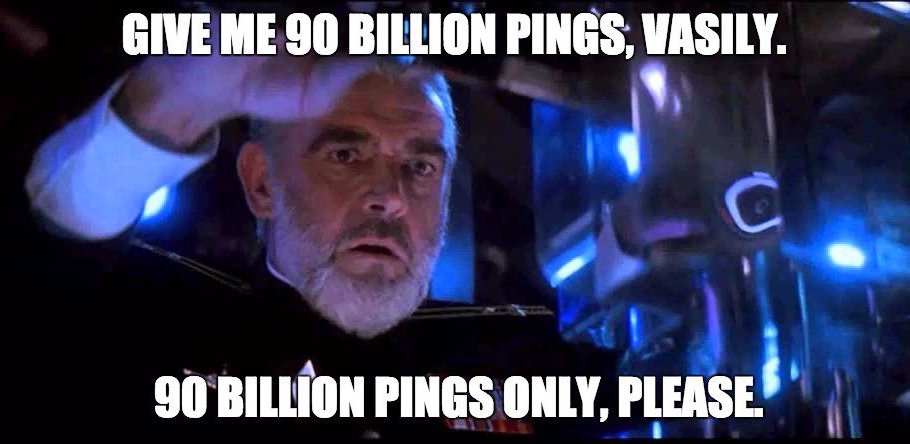 A meme derived from the Hunt for the Red October playfully referencing DDoS pings.